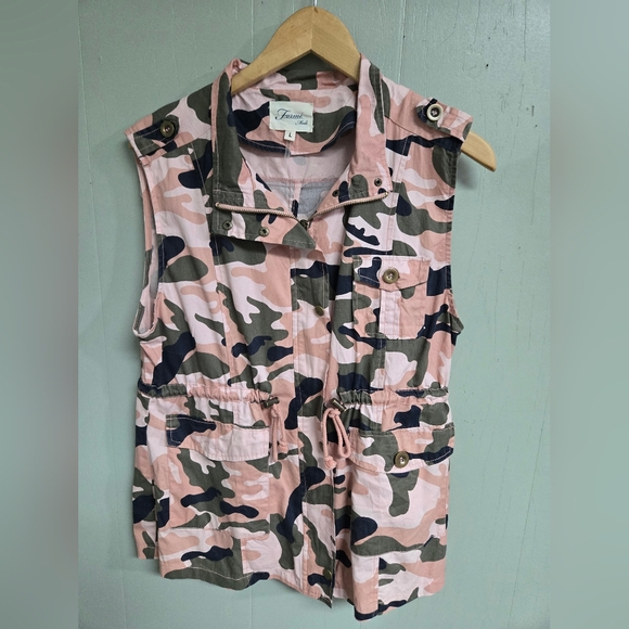 Forme Mode Vest Womens Large Pink Camo Utility Drawstring Pockets 100% Cotton.